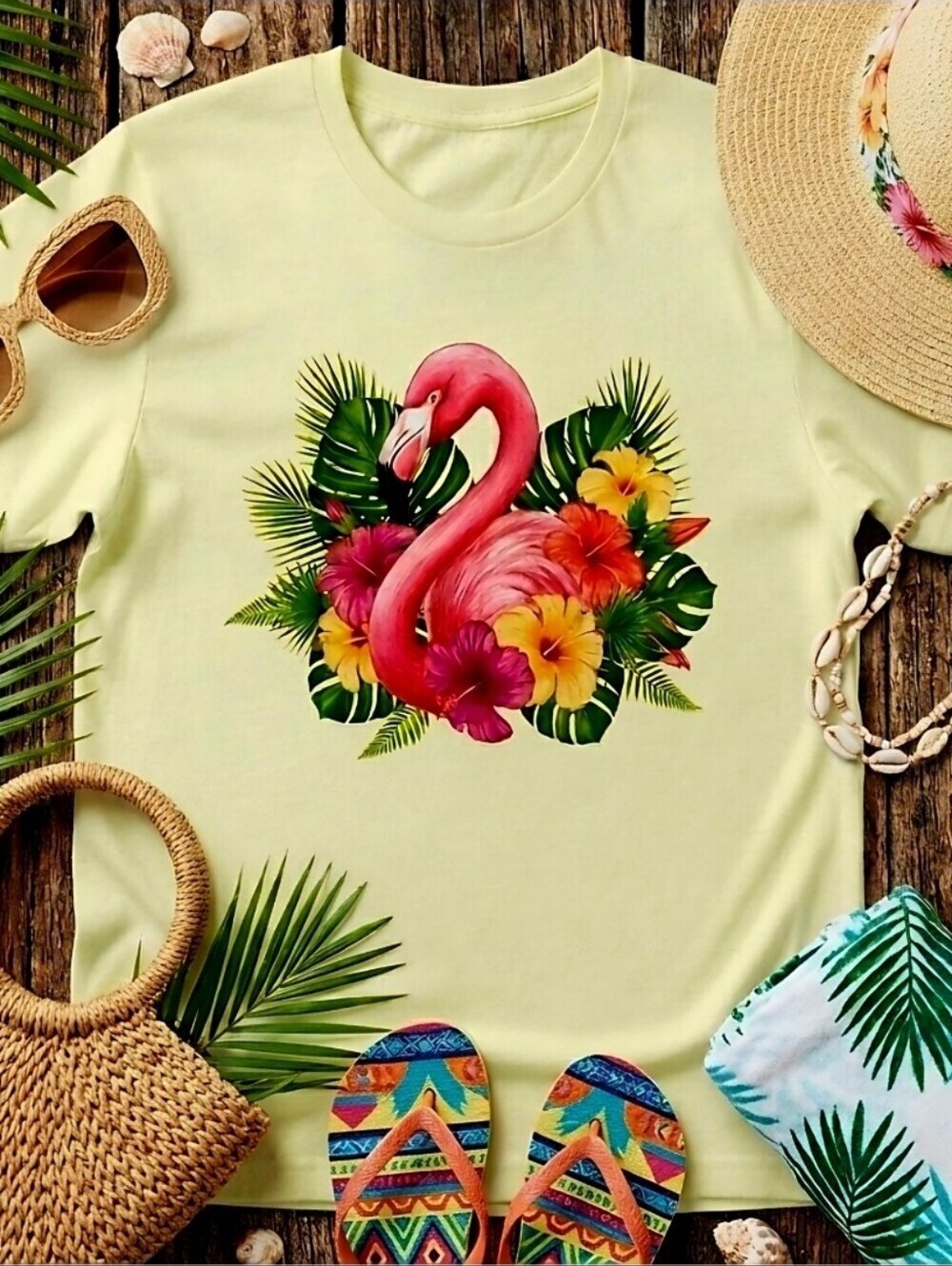 Flamingo Tropical Graphic Tee • Summer Vacation Shirt • Bright Floral Tshirt